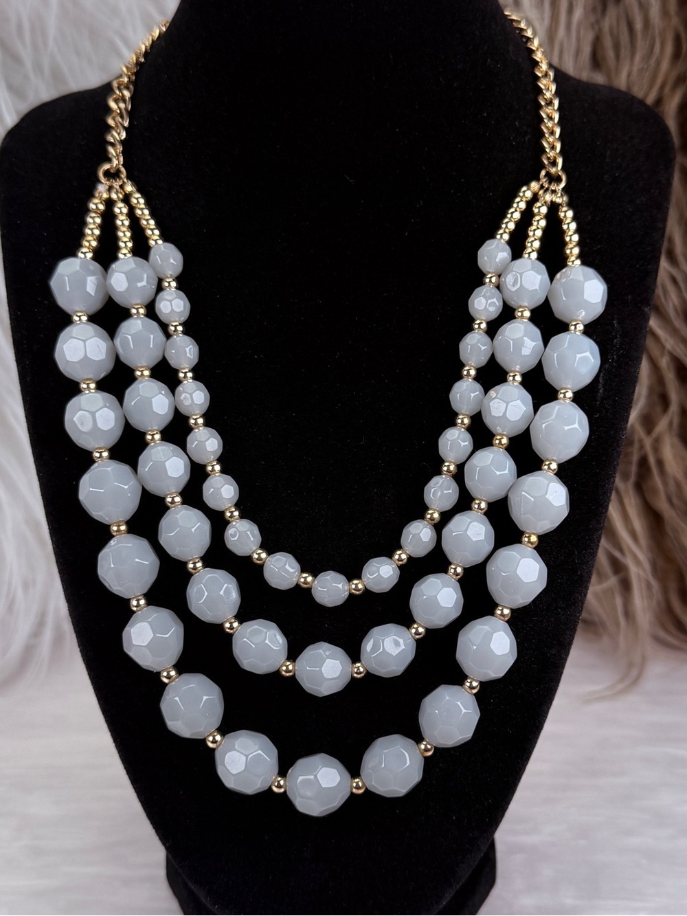 Vintage Gray Faceted Bead 3 Strand Statement Necklace Gold Tone